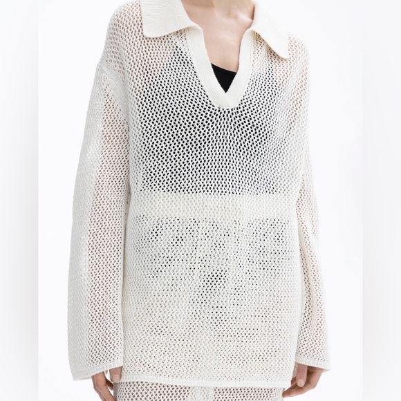 House of Dagmar Linen Crochet Knit Polo Sweater Top in Off-white XXS - Picture 4 of 11